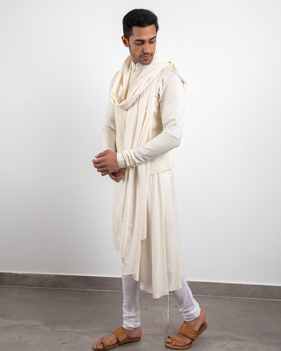 Mens Arjan Dugal | Off White Asymmetric Kurta Set