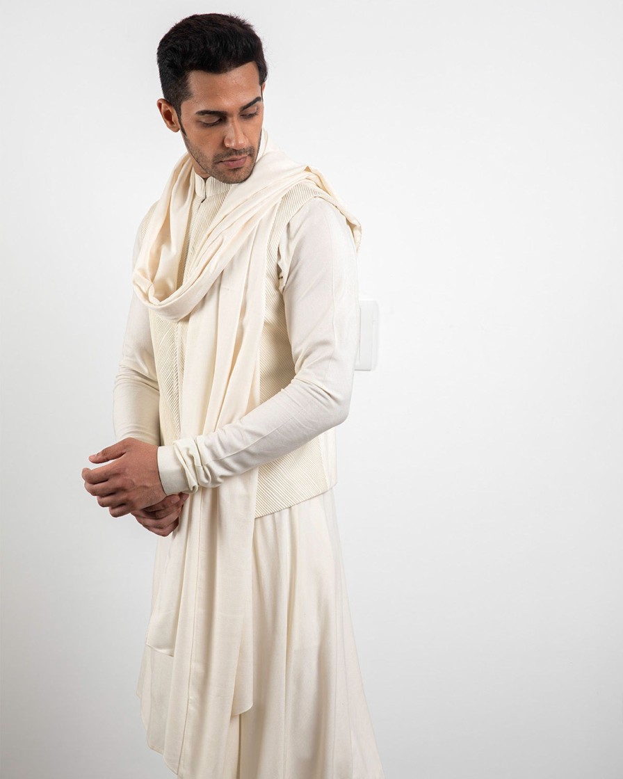 Mens Arjan Dugal | Off White Asymmetric Kurta Set