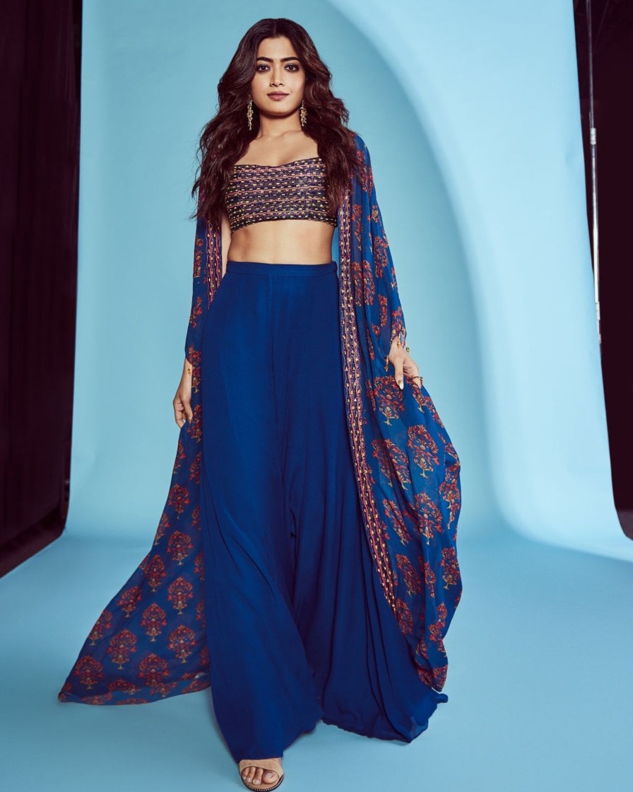 Womens Diya Rajvvir | Blue Cord And Cutdana Embroidered Bustier Cape Set