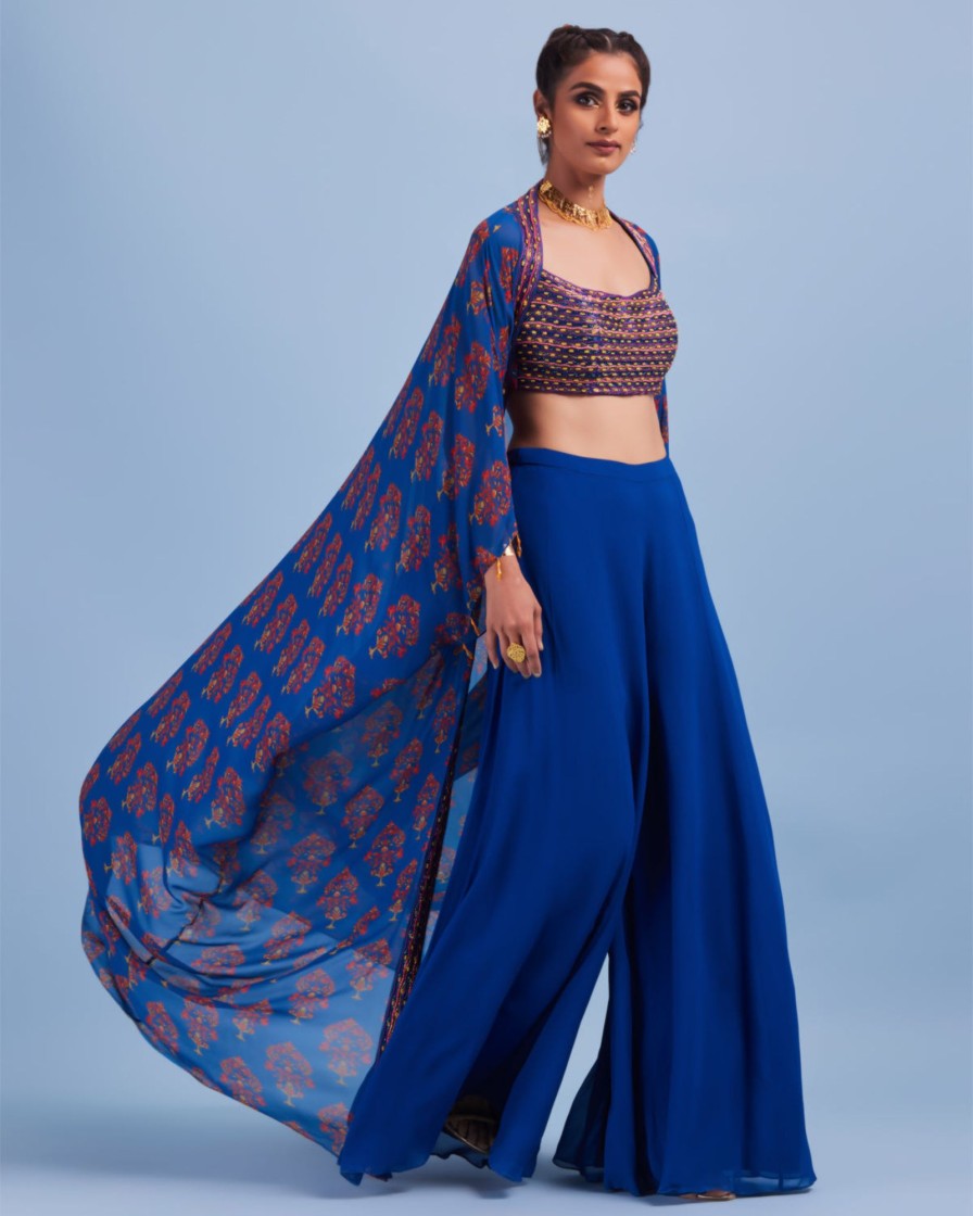 Womens Diya Rajvvir | Blue Cord And Cutdana Embroidered Bustier Cape Set