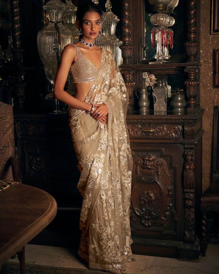 Womens Seema Gujral | Nude Applique Sari Set