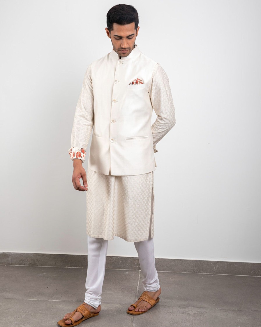 Mens Arjan Dugal | Off White Handwoven Kurta Set