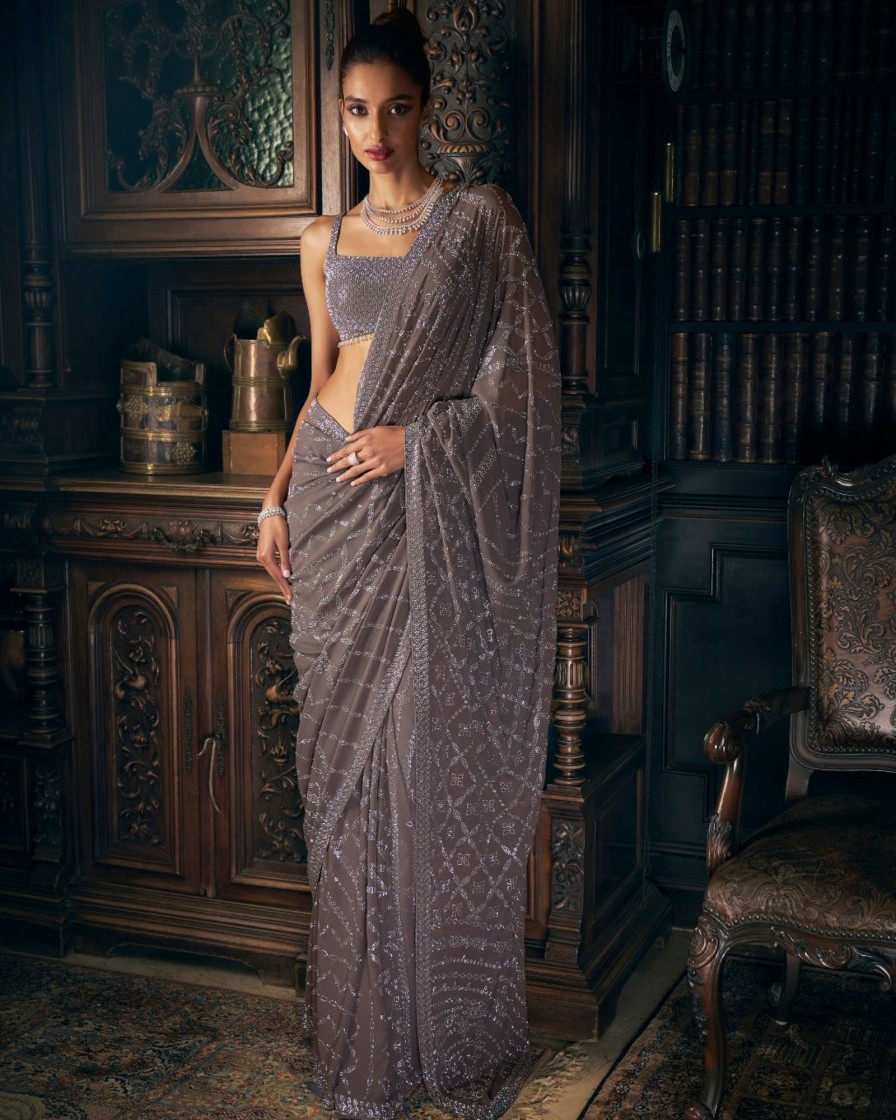 Womens Seema Gujral | Grey Crystal Sari