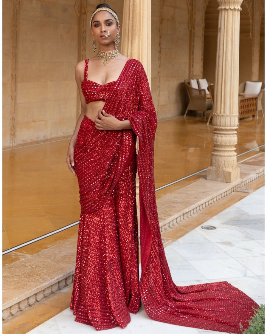 Womens Arpita Mehta | Red Sequins Embroidered Sari Set