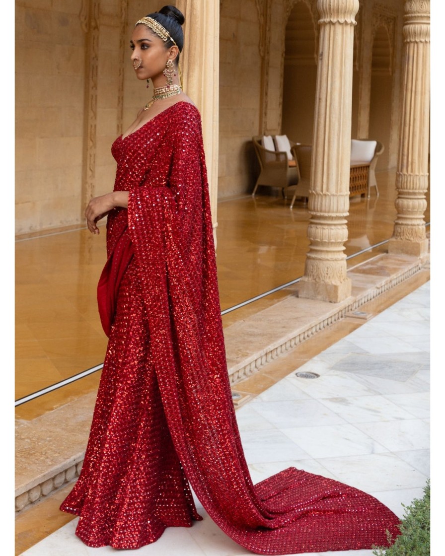 Womens Arpita Mehta | Red Sequins Embroidered Sari Set