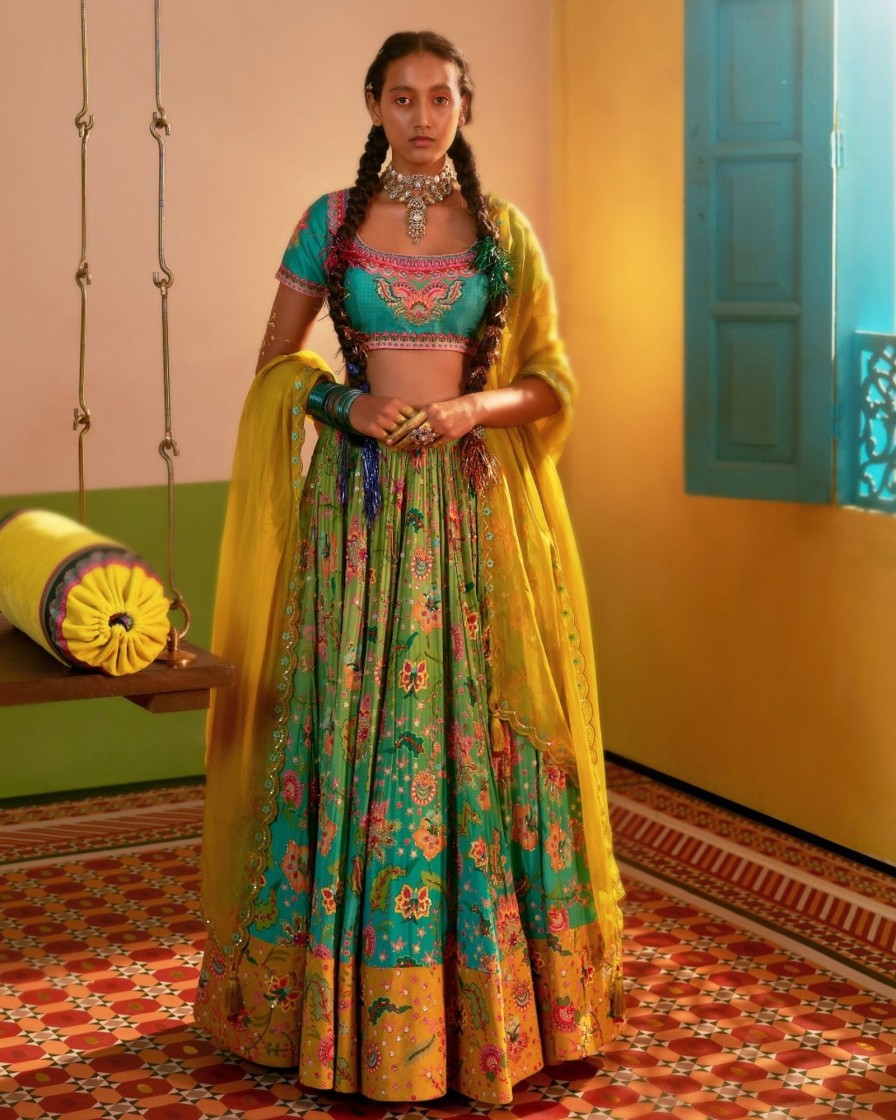 Womens Siddhartha Bansal | Aqua Turquoise Ombre Embroidered Lehenga Set