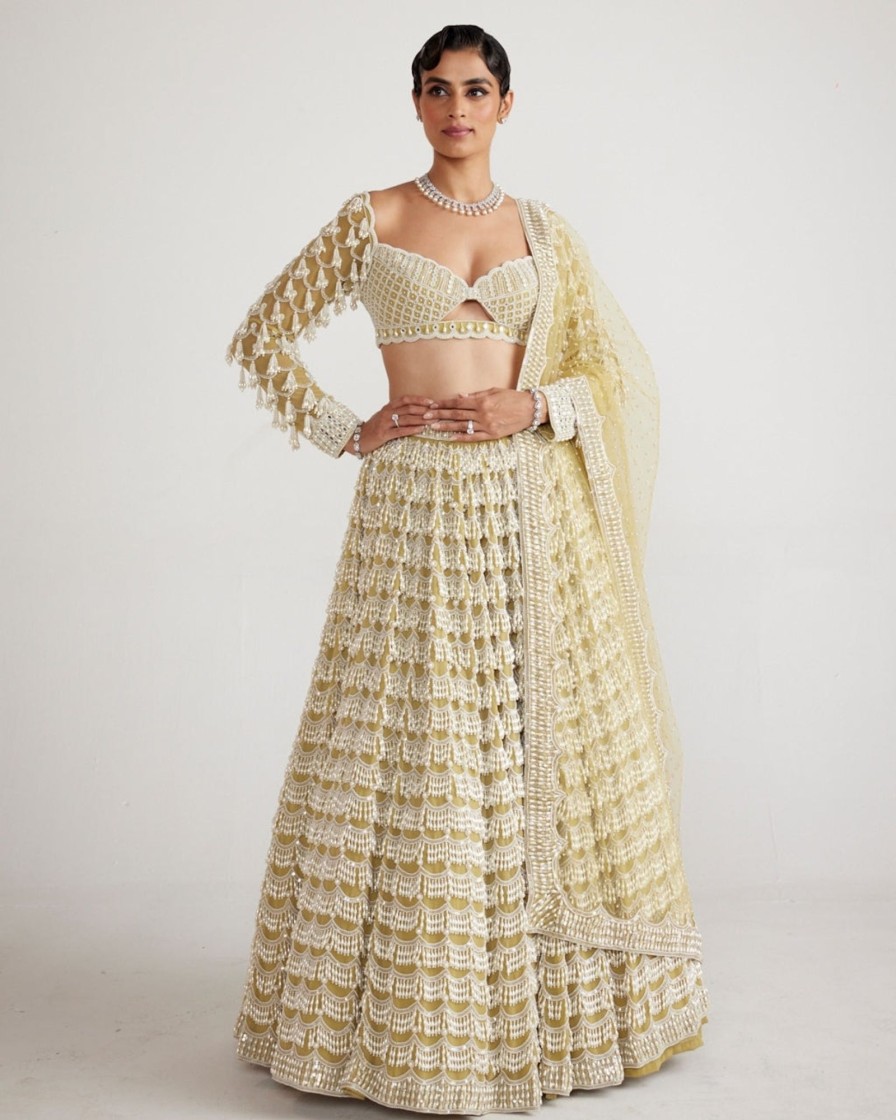 Bridal Vvani by Vani Vats | Fern Green Chandelier Pearl Drop Heavy Lehenga Set