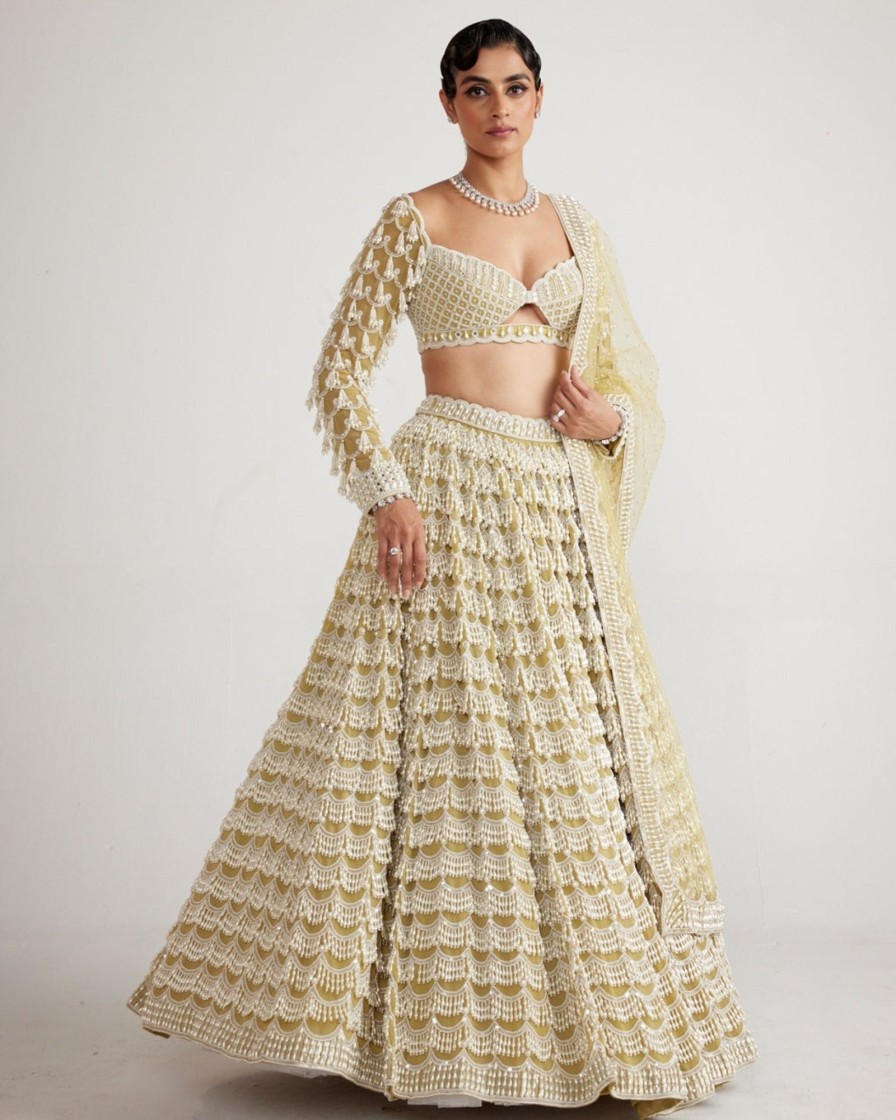 Bridal Vvani by Vani Vats | Fern Green Chandelier Pearl Drop Heavy Lehenga Set