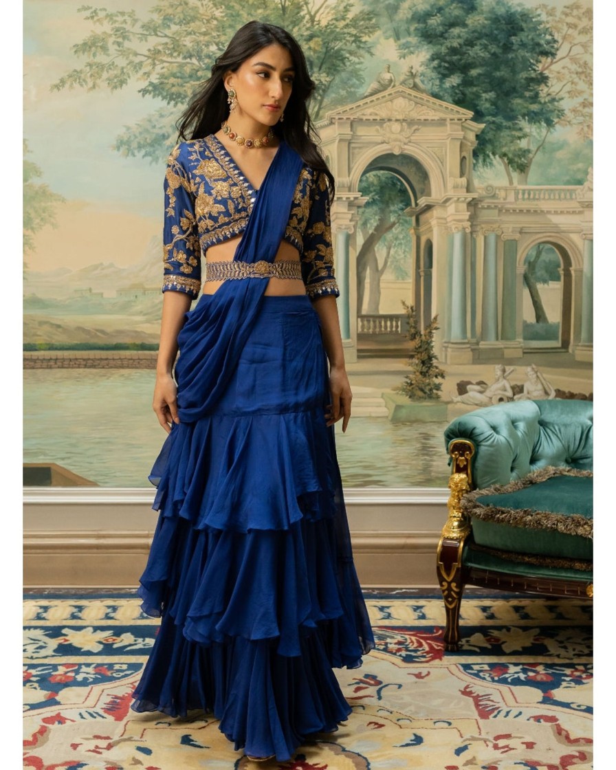 Womens Paulmi u0026 Harsh | Electric Blue Layered Sari Set