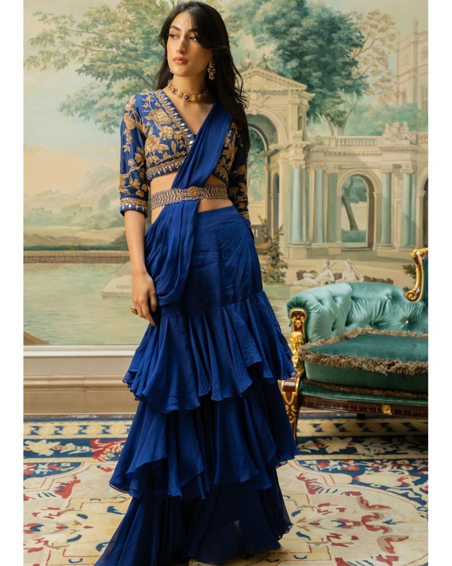 Womens Paulmi u0026 Harsh | Electric Blue Layered Sari Set