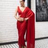 Womens Devnaagri | Red Satin Pre Draped Sari