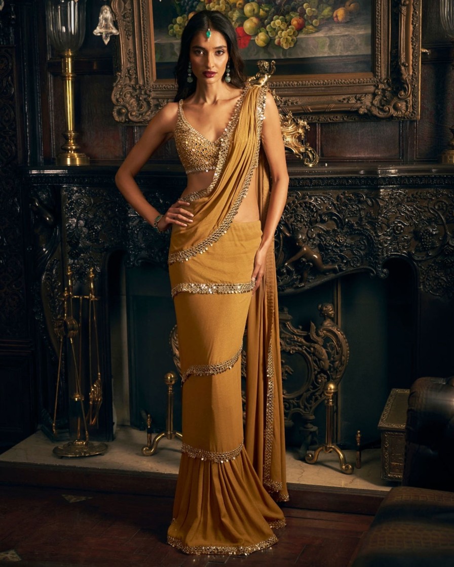 Womens Seema Gujral | Gold Wrap Around Sari Set