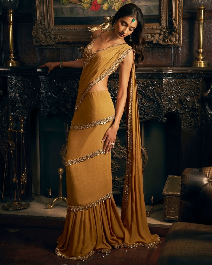 Womens Seema Gujral | Gold Wrap Around Sari Set