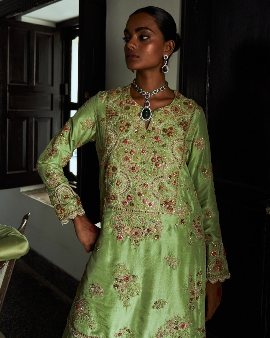 Womens Petticoat Lane | Green Floral Embroidered Sharara Set