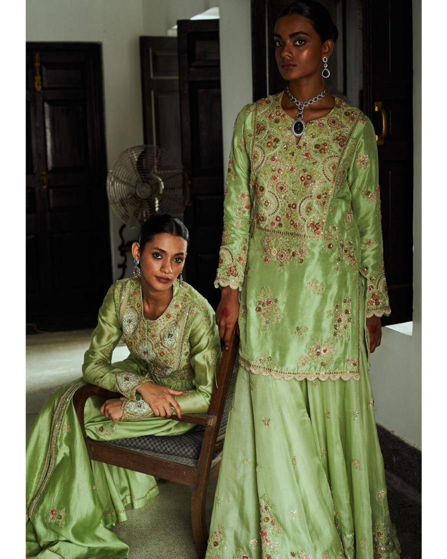 Womens Petticoat Lane | Green Floral Embroidered Sharara Set