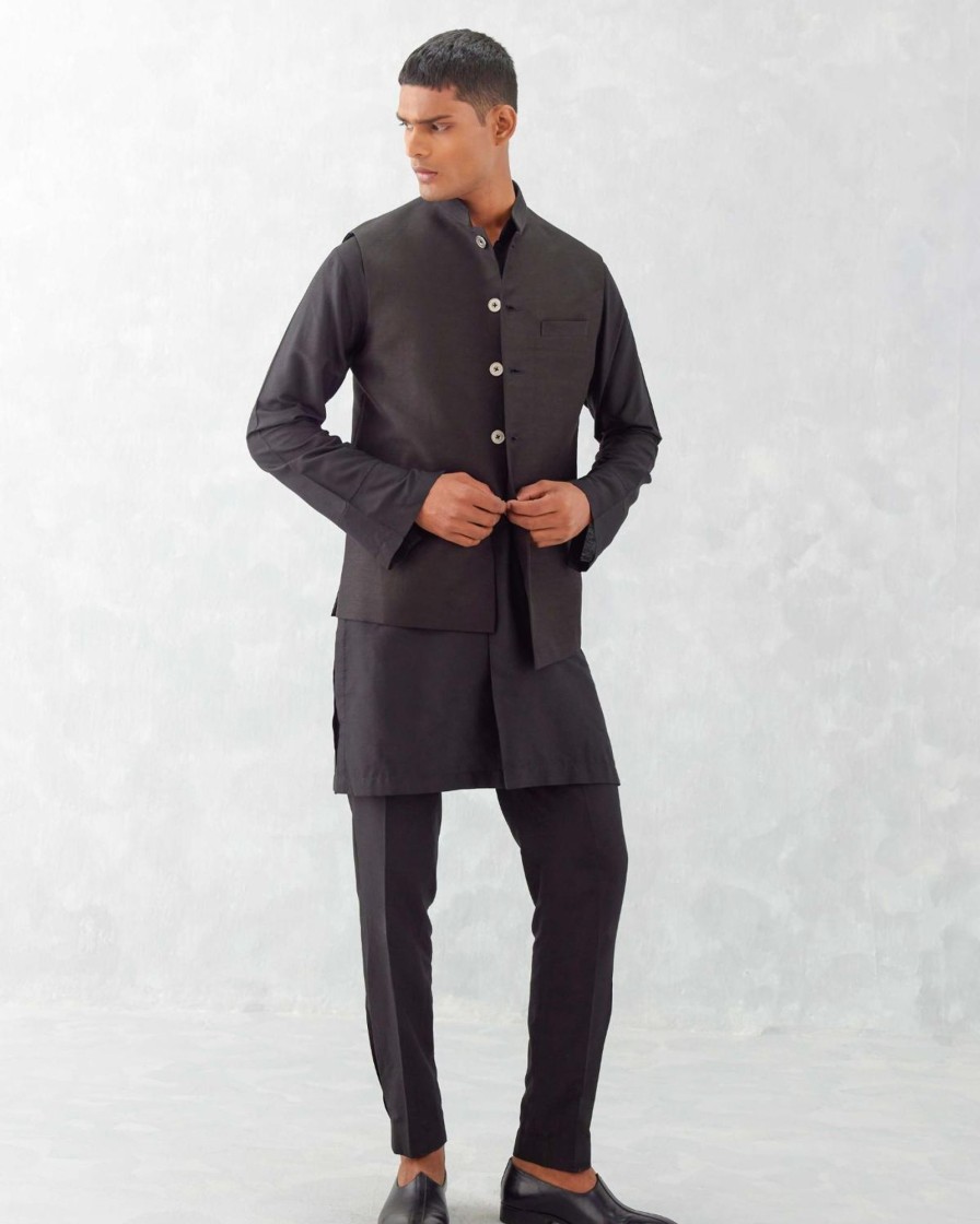 Mens Devnaagri Mens | Black Kurta With Bundi Set