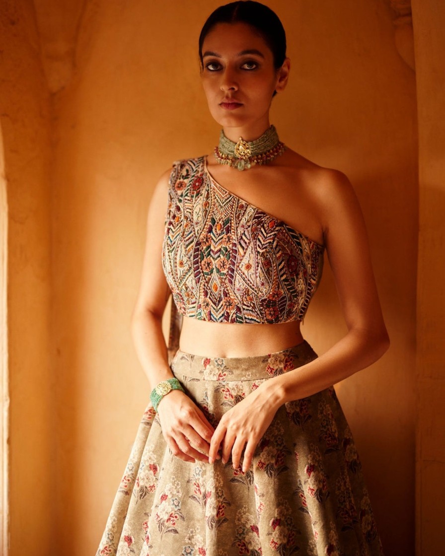 Womens Label Anushree | Grey Embroidered One Shoulder Crop Top Set