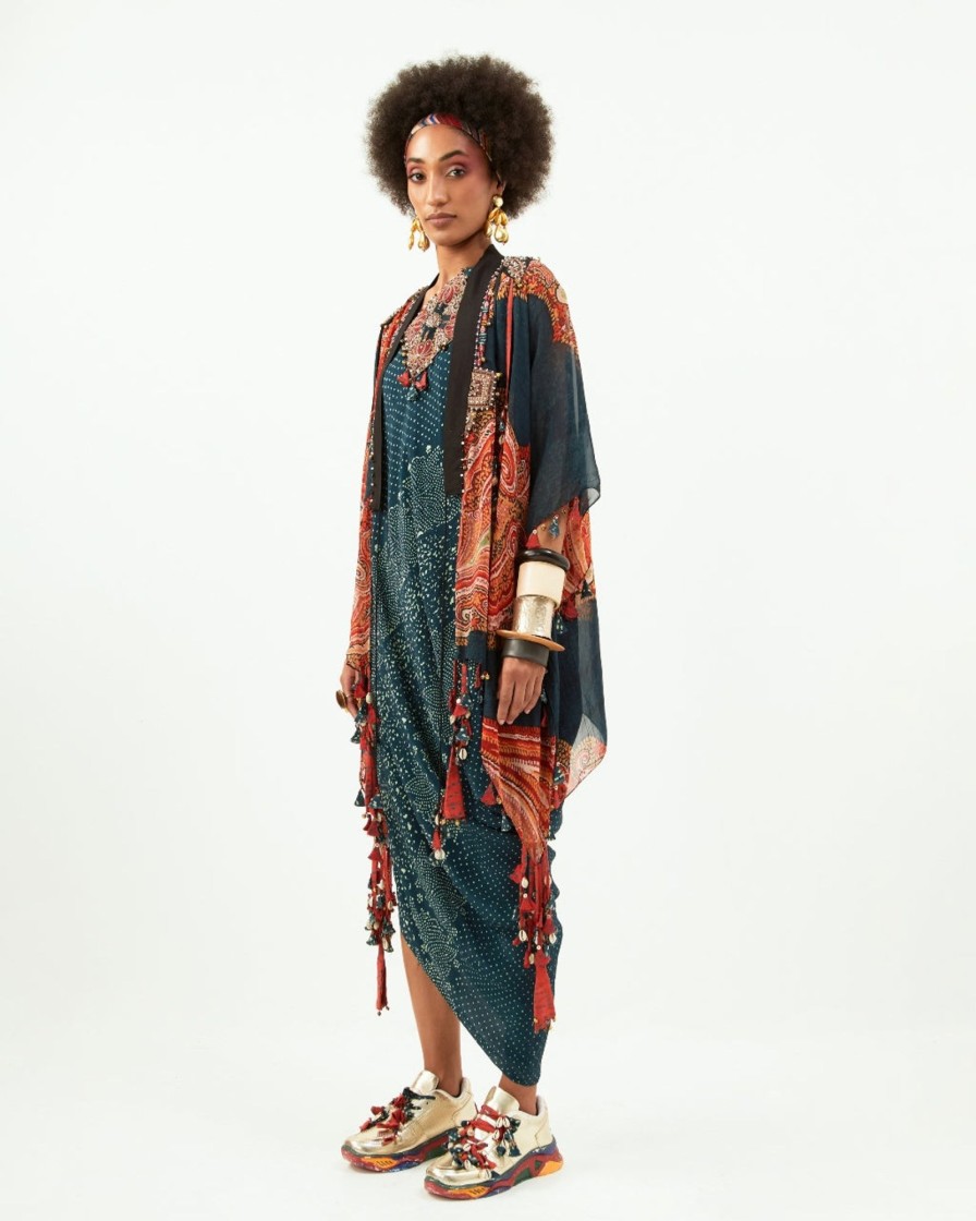 Womens Aseem Kapoor | Deep Teal Natural Crepe Printed Jacket Dress