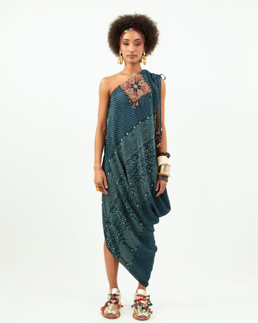 Womens Aseem Kapoor | Deep Teal Natural Crepe Printed Jacket Dress