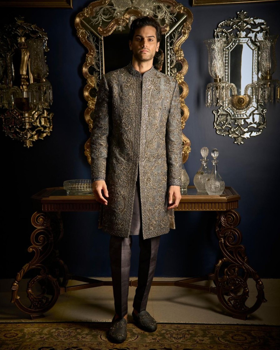 Mens Seema Gujral Mens | Steel Grey Sherwani Set