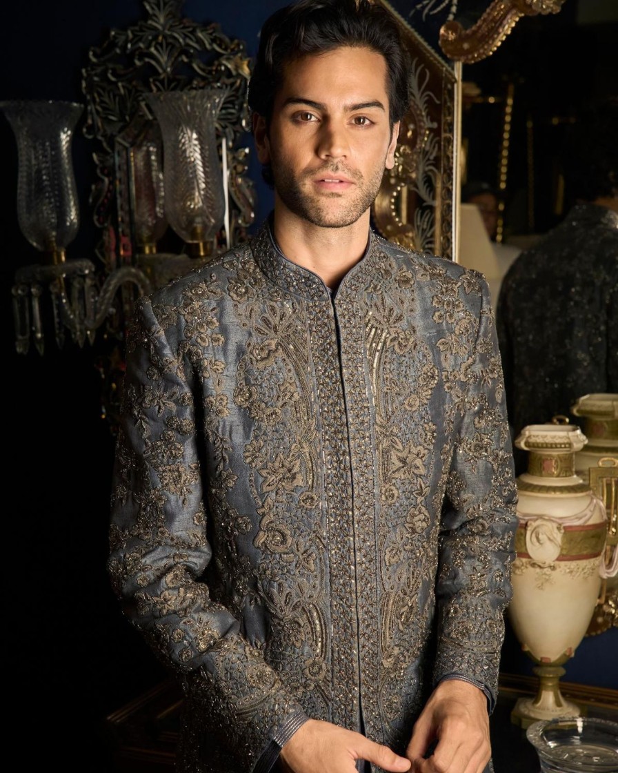 Mens Seema Gujral Mens | Steel Grey Sherwani Set