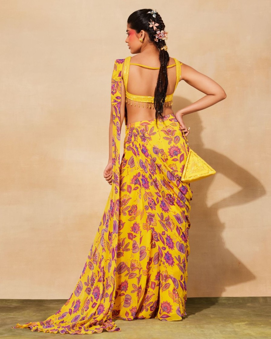 Womens Diya Rajvvir | Yellow Georgette Printed Sharara Sari Set