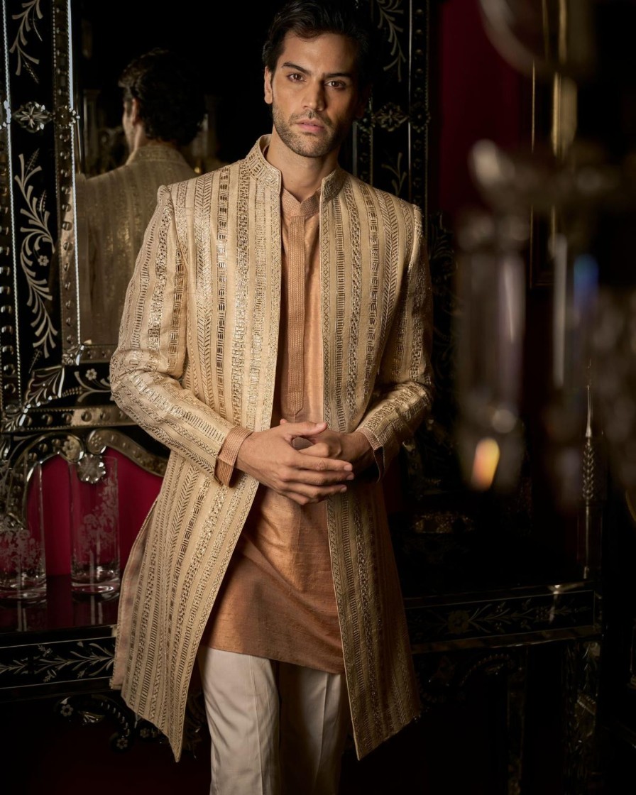 Mens Seema Gujral Mens | Rose Gold Open Sherwani Set