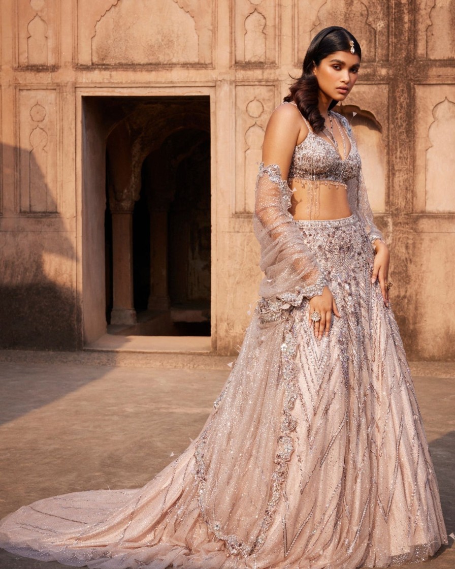 Bridal Dolly J | Phaenna Silver Shimmer Tulle Embroidered Lehenga Set