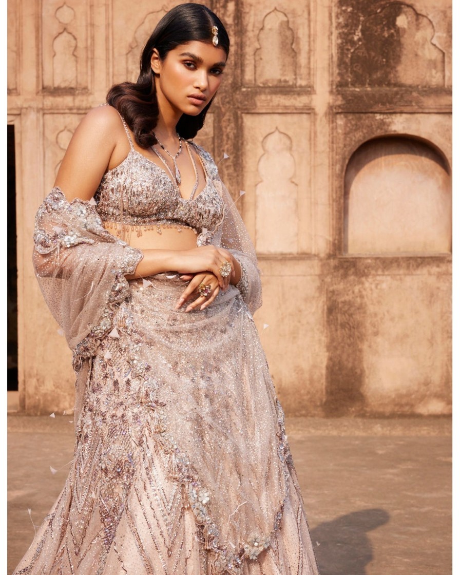 Bridal Dolly J | Phaenna Silver Shimmer Tulle Embroidered Lehenga Set