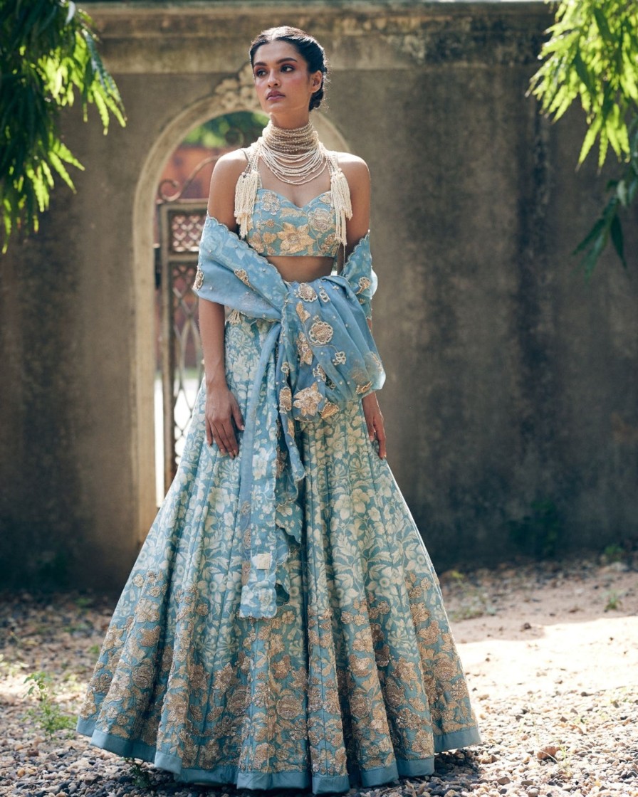 Bridal Paulmi u0026 Harsh | Ice Blue Vintage Floral Printed Lehenga Set