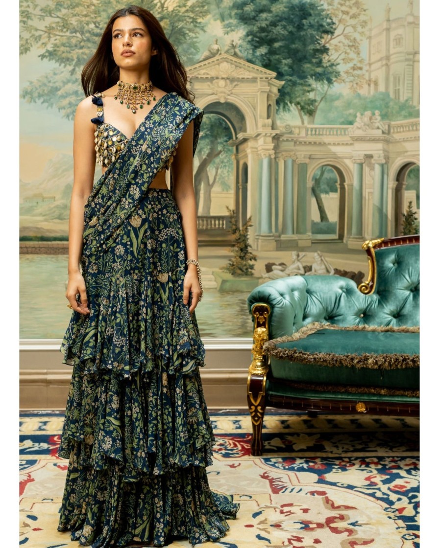 Womens Paulmi u0026 Harsh | Navy Blue Printed Sari Set