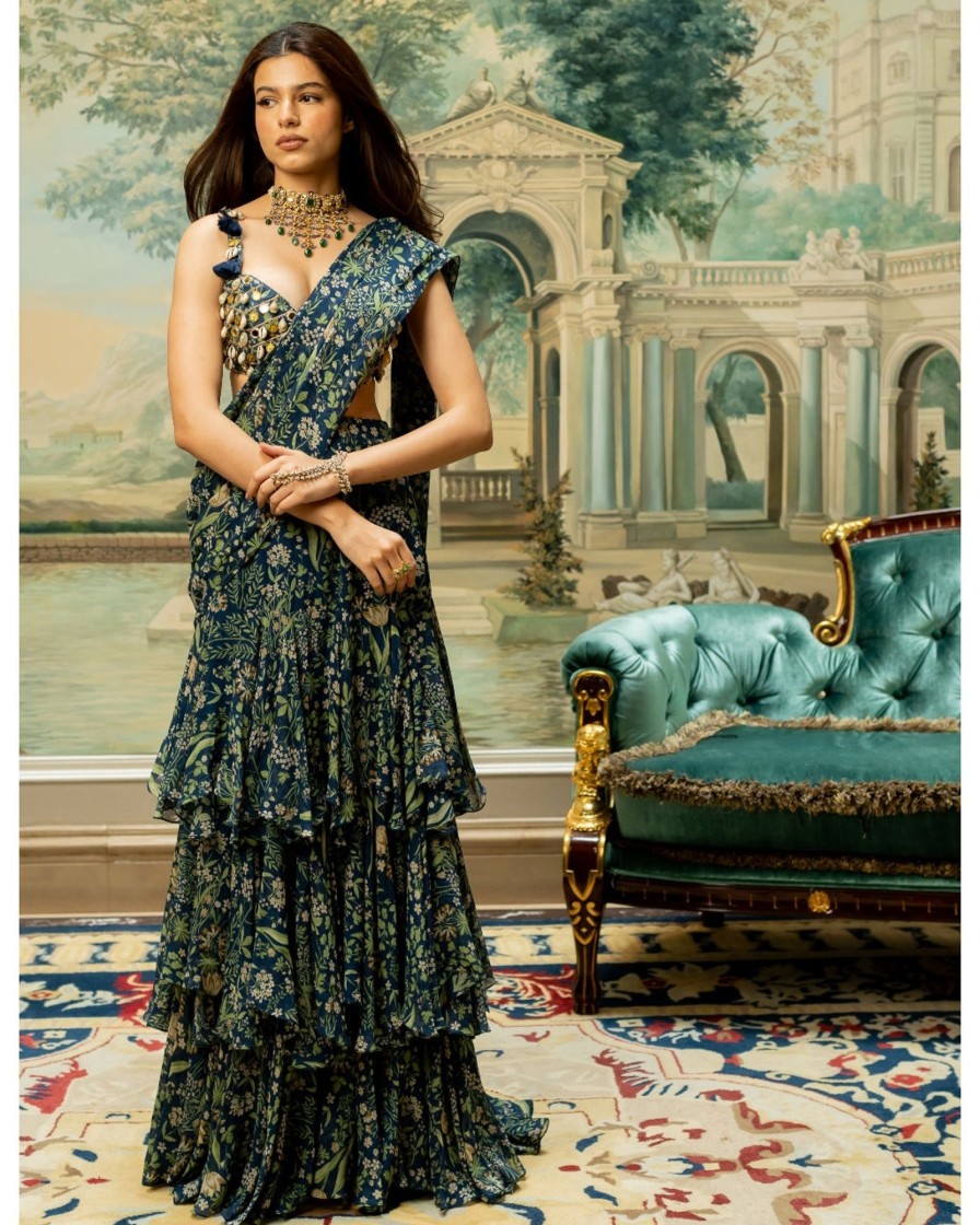 Womens Paulmi u0026 Harsh | Navy Blue Printed Sari Set