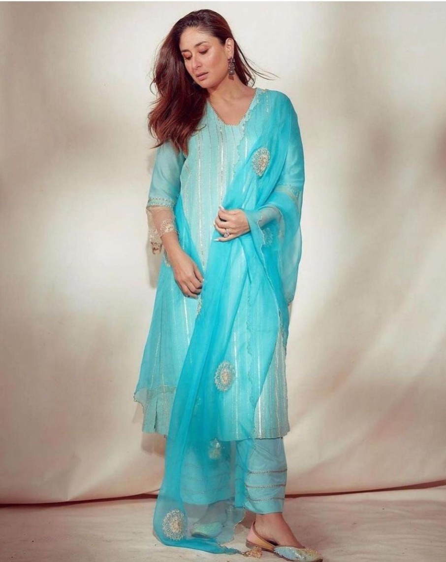 Womens Devnaagri | Aqua Blue Zari Chanderi Kurta Set