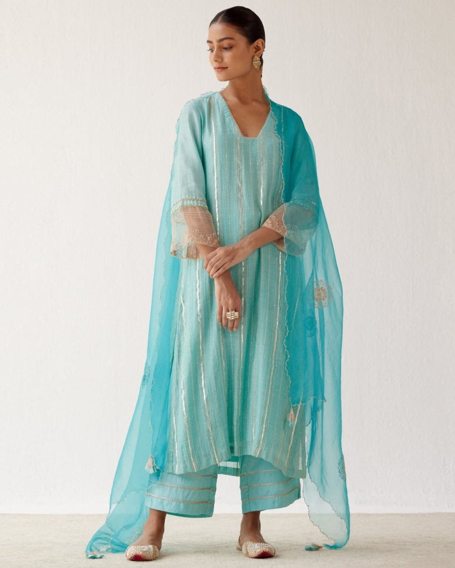 Womens Devnaagri | Aqua Blue Zari Chanderi Kurta Set