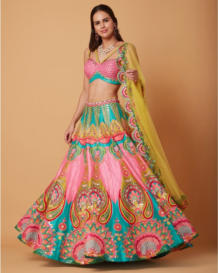 Bridal Siddhartha Bansal | Mastani Pink U0026 Ocean Electric Green Embroidered Lehenga Set