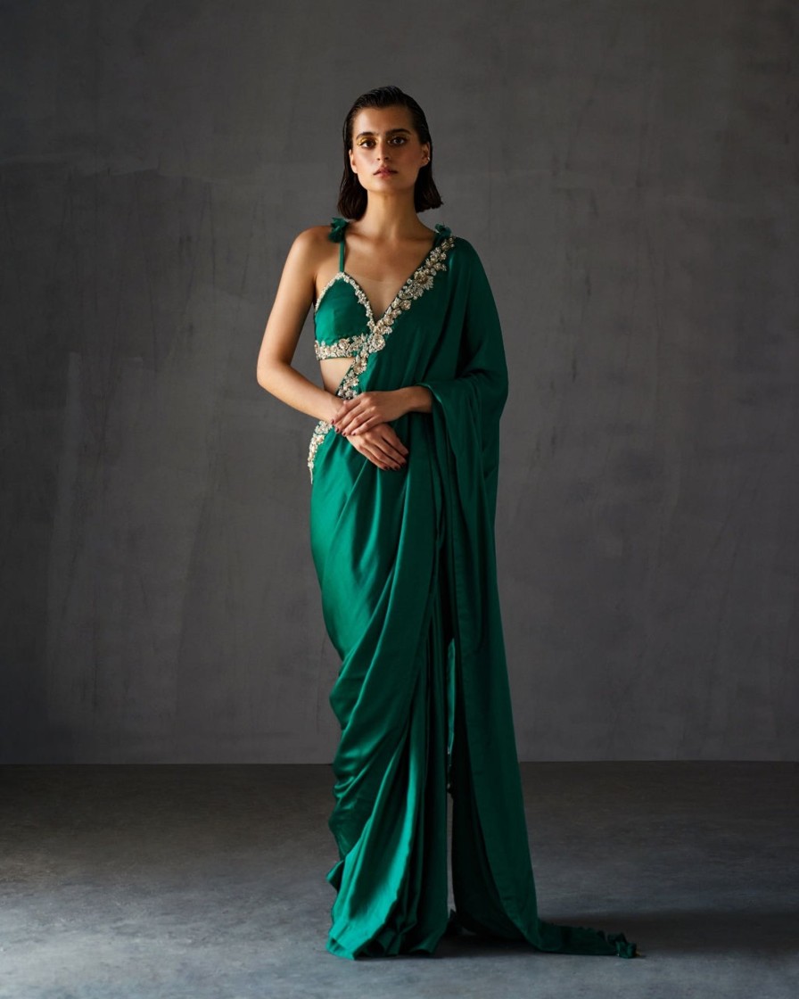 Womens Bhumika Sharma | Teal Green Bustier U0026 Sari