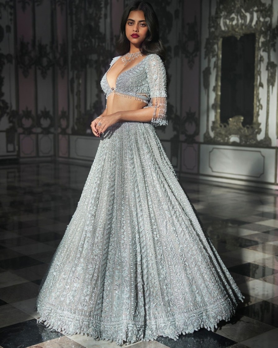 Bridal Seema Gujral | Light Grey Sequin Lehenga Set