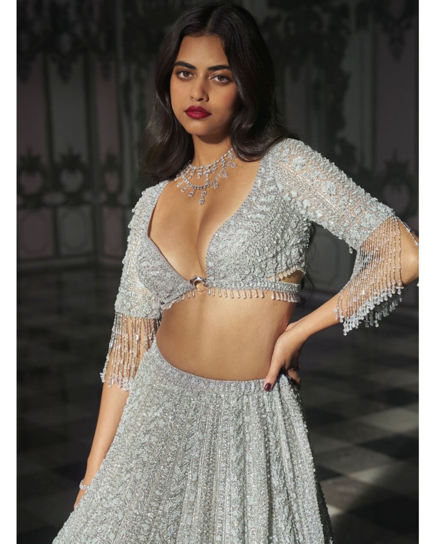 Bridal Seema Gujral | Light Grey Sequin Lehenga Set