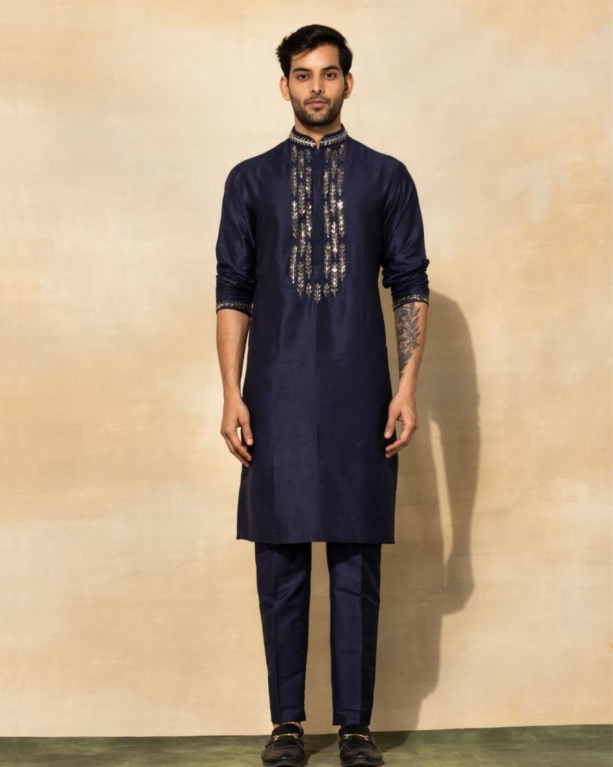 Mens Diya Rajvvir Mens | Dark Blue Leaf Embroidered Kurta Set