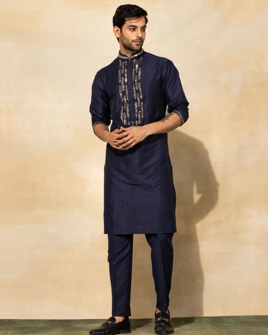 Mens Diya Rajvvir Mens | Dark Blue Leaf Embroidered Kurta Set