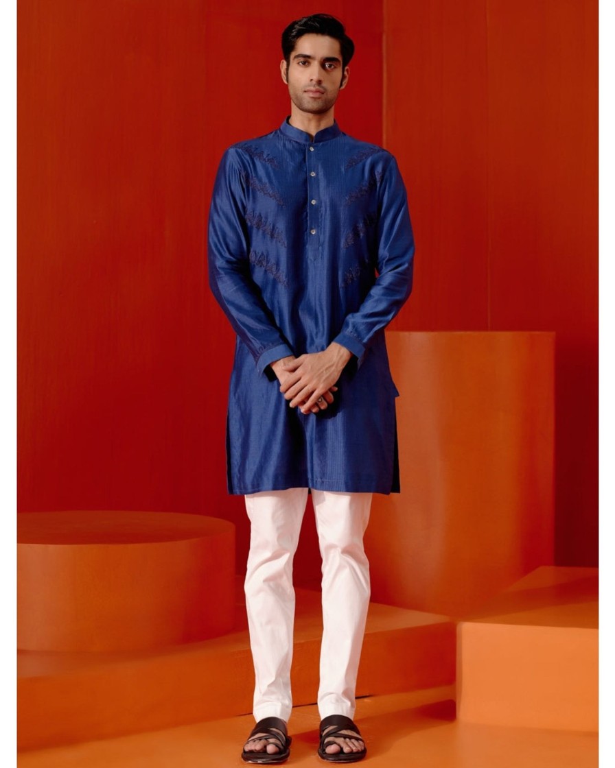 Mens Devnaagri Mens | Royal Blue Self Embroidered Chanderi Kurta Set