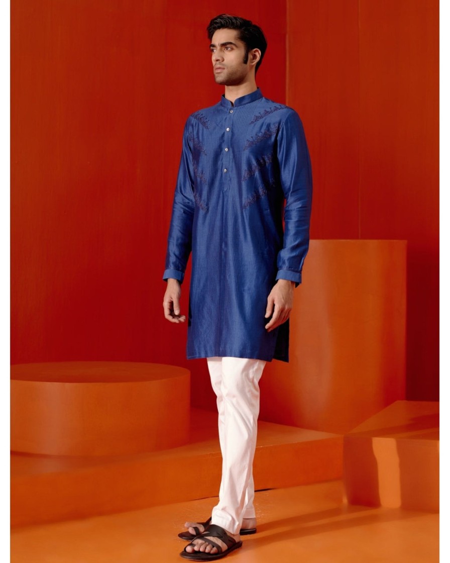 Mens Devnaagri Mens | Royal Blue Self Embroidered Chanderi Kurta Set