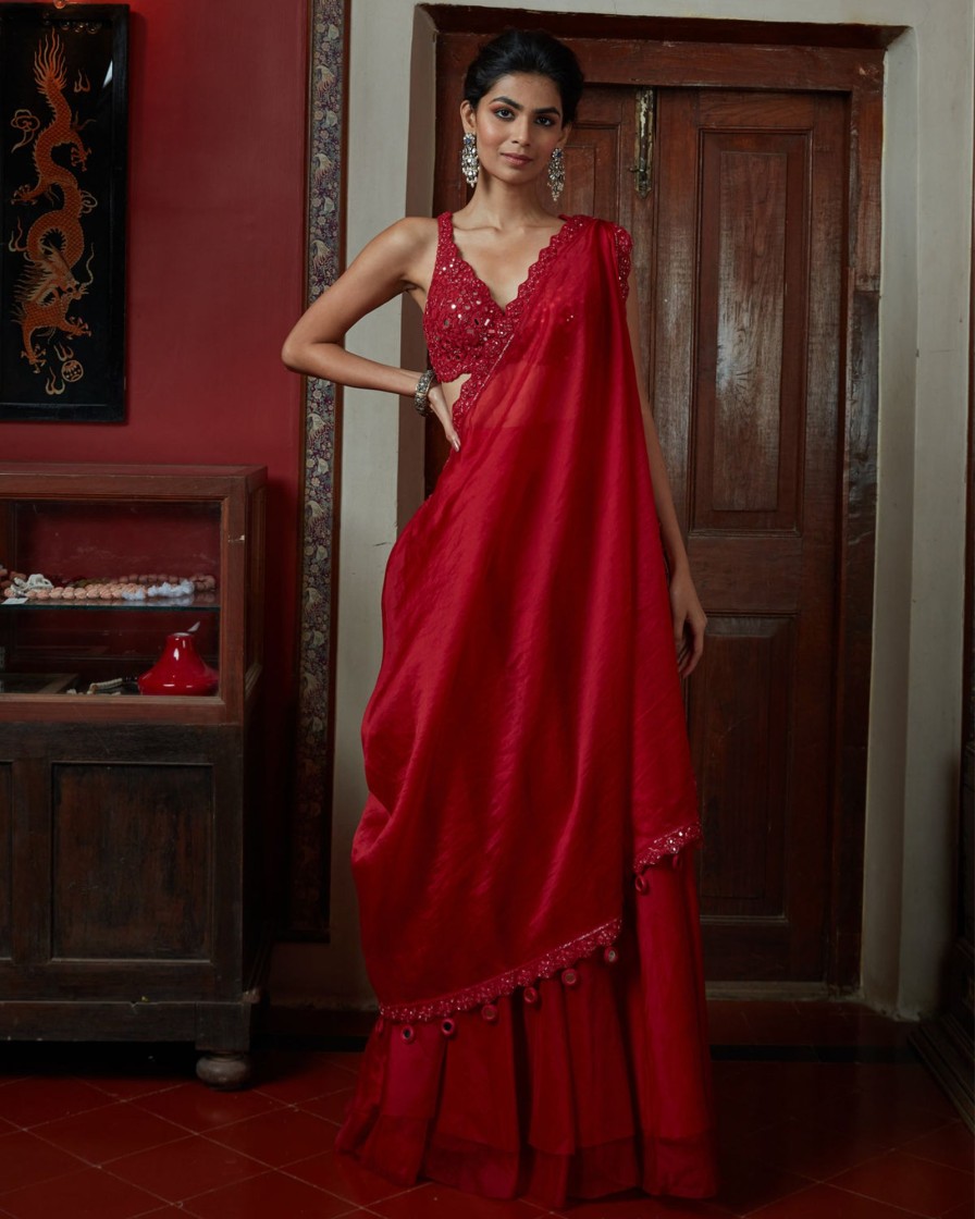 Womens Arpita Mehta | Red Organza Sharara With Hand Embroidered Drape Set