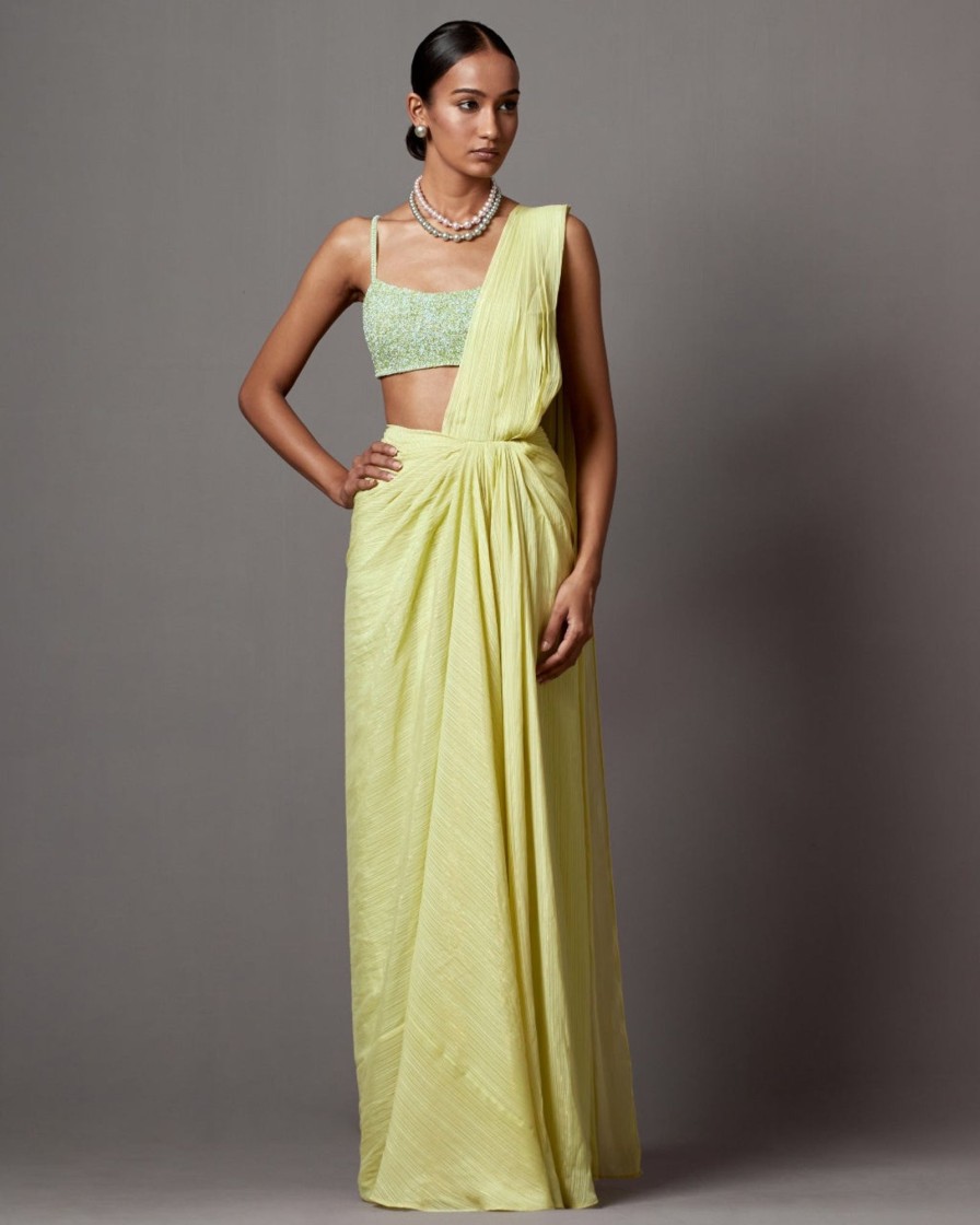 Womens Mala u0026 Kinnary | Lime Aqua Lime Drape Sari Set