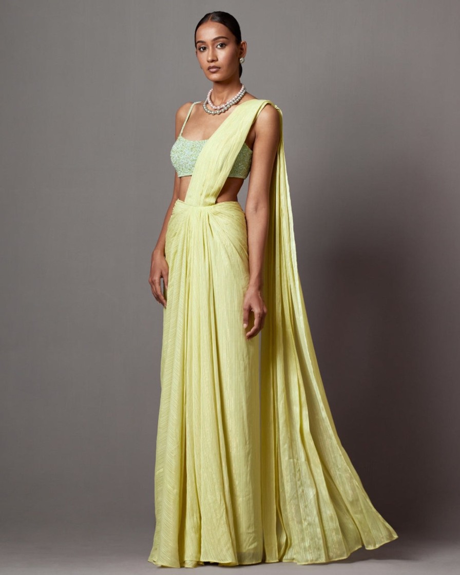 Womens Mala u0026 Kinnary | Lime Aqua Lime Drape Sari Set