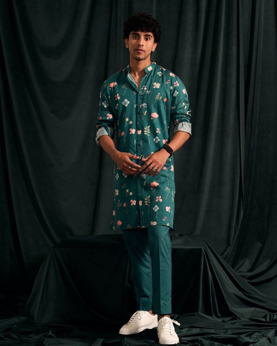 Mens Project Bandi | Teal Mila Printed Cotton Kurta With Matching Pajama