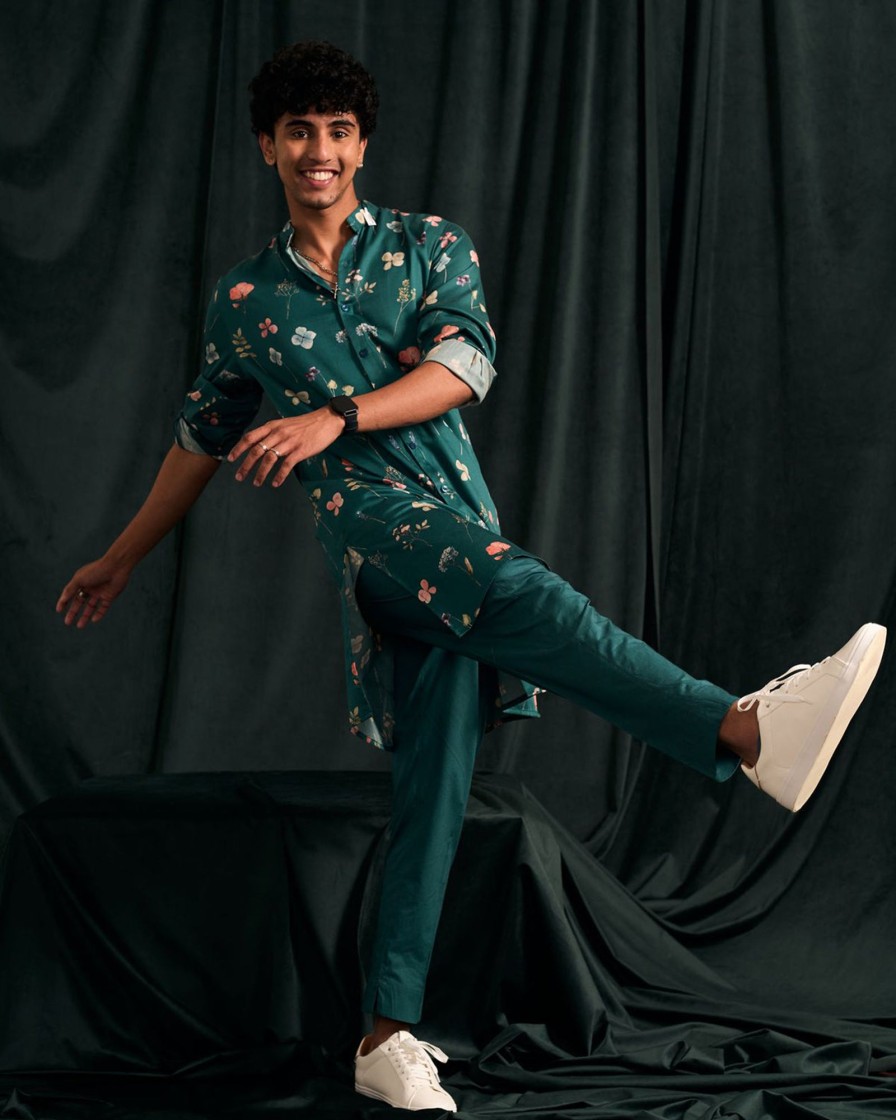 Mens Project Bandi | Teal Mila Printed Cotton Kurta With Matching Pajama