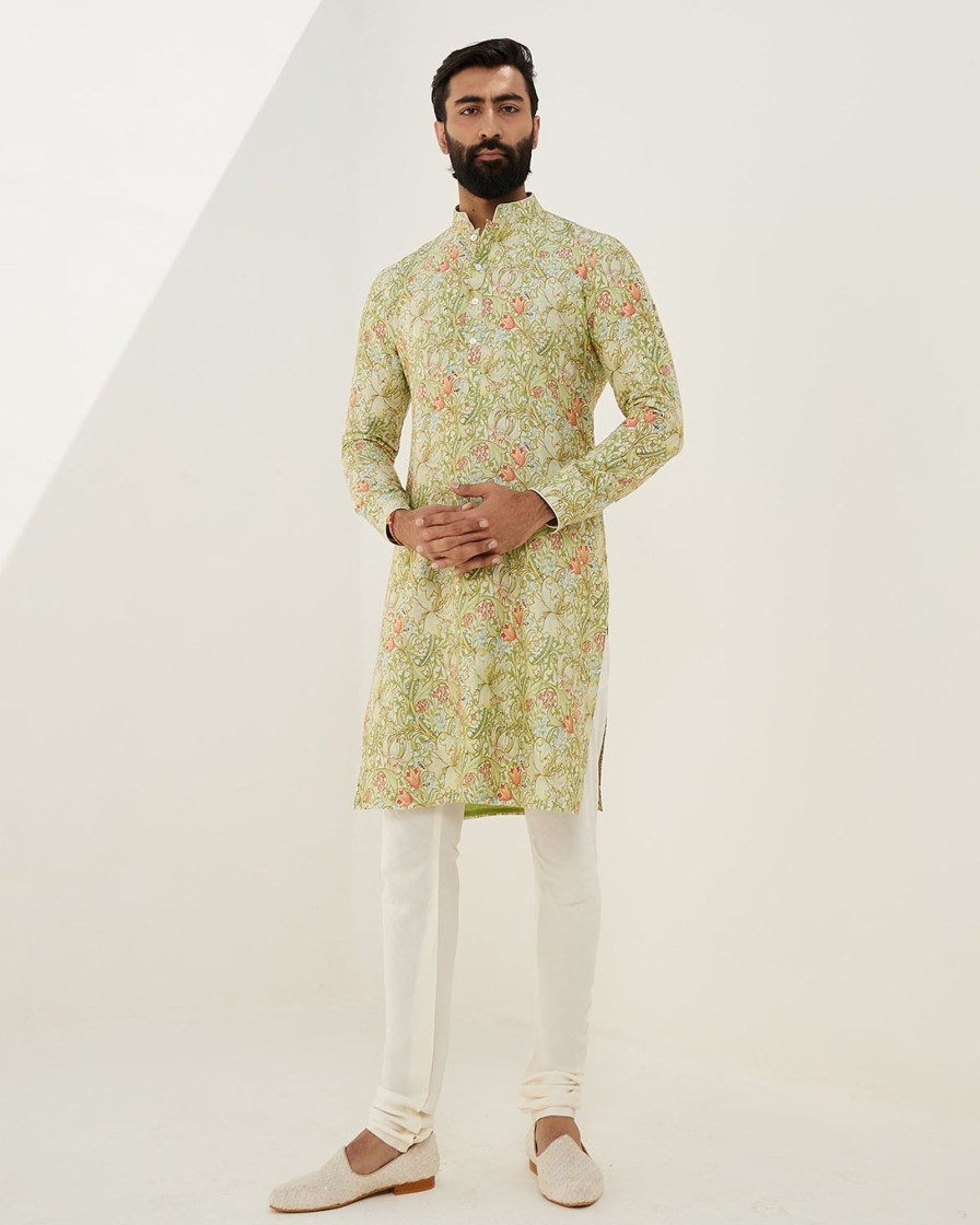 Mens Arjan Dugal | Forest Green Tropical Kurta Set