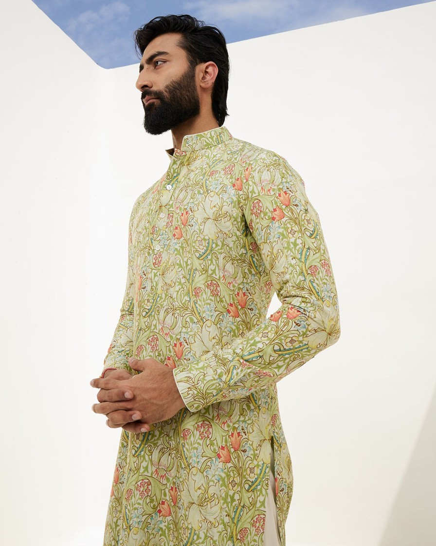 Mens Arjan Dugal | Forest Green Tropical Kurta Set