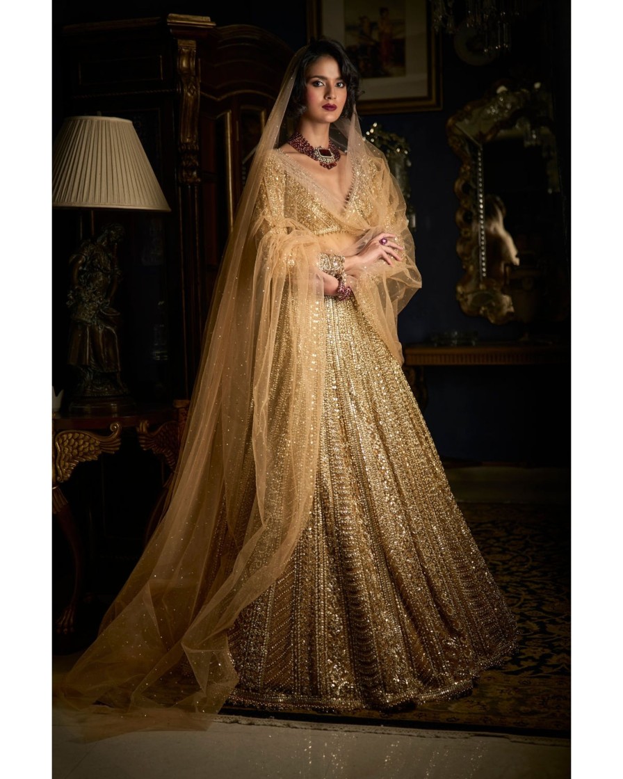 Bridal Seema Gujral | Gold Beaded Lehenga Set